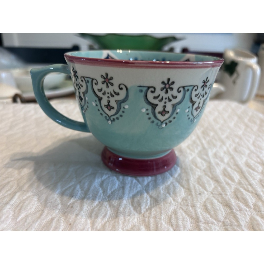 Meritage Pedestal Mug Aqua Pink Boho Floral Ceramic Tea Cup 4 Inch Microwavable